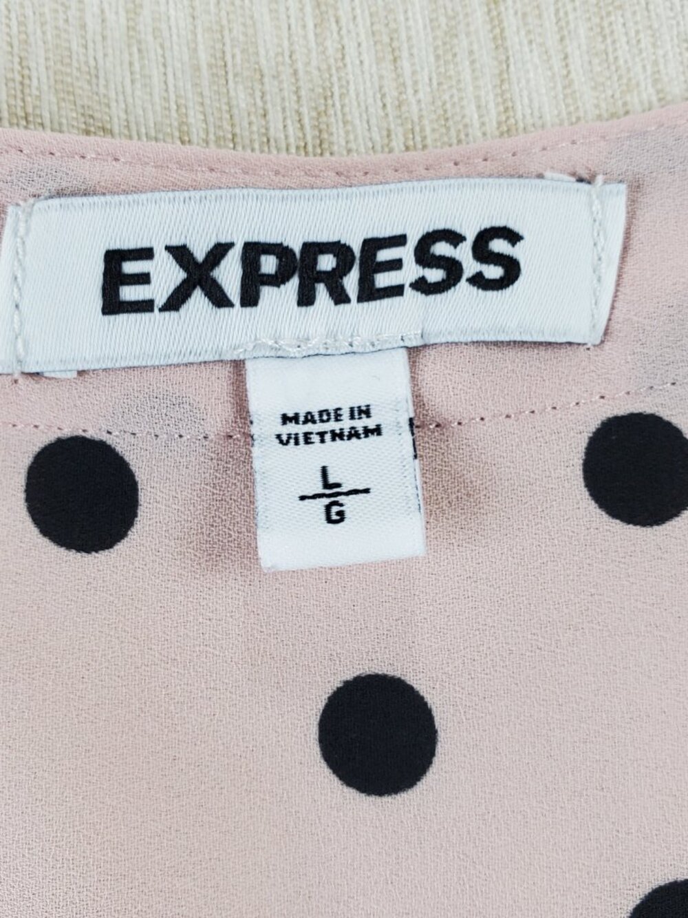 Express Sheer Blouse Large Pink/Black Polka Dot Zip V-Neck Roll Tab Sleeve - Picture 8 of 12